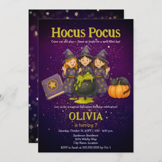 Hocus Pocus Halloween Birthday Party 招待状 (正面/裏面)