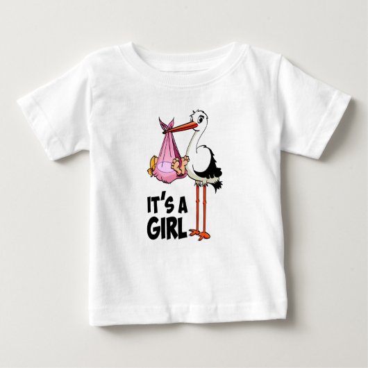 Hoera het is een meisje - ooievaar met baby. ベビーTシャツ (正面)
