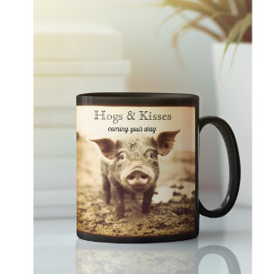 Hogs & Kisses レトロブタ セピア コーヒーマグカップ