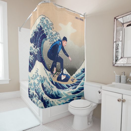 Hokusaiの素晴らしい波のおもしろいなサーファーのサーフィン シャワーカーテン (インサイチュ)