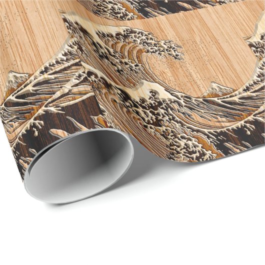 Hokusaiの素晴らしい波のタケ木製のスタイルのアクセント ラッピングペーパー (ロールコーナー)