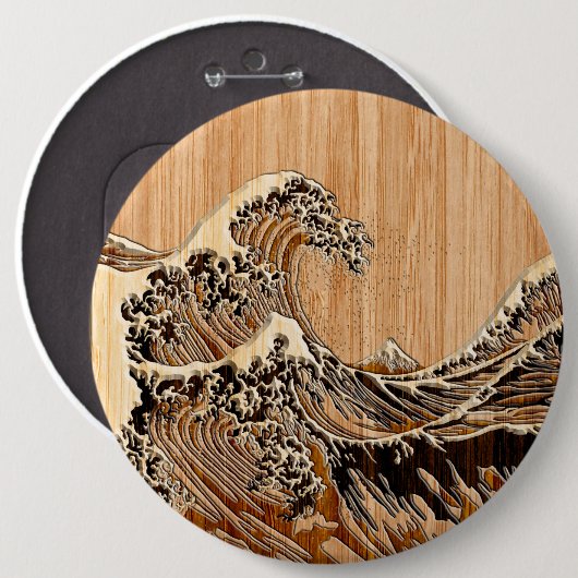 Hokusaiの素晴らしい波のタケ木製のスタイル 缶バッジ (正面&裏面)