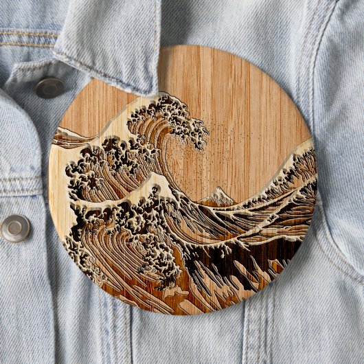Hokusaiの素晴らしい波のタケ木製のスタイル 缶バッジ
