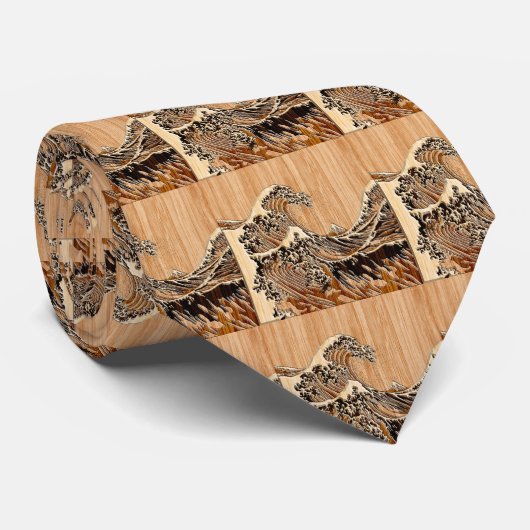 Hokusaiの素晴らしい波のタケ木製の穀物のスタイル ネクタイ (ロール)
