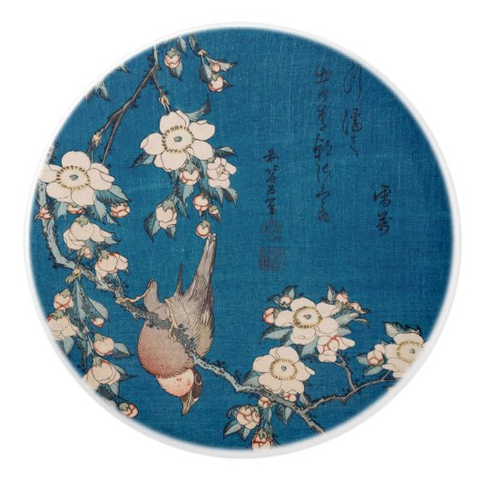 Hokusai著泣くさくらんぼの枝のBullfinch セラミックノブ (正面)