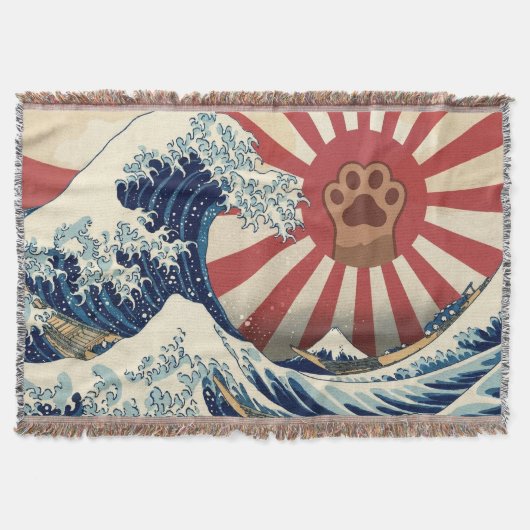 HOKUSAI "The Great Wave" & Rising Sun Flag & Cat スローブランケット (正面)