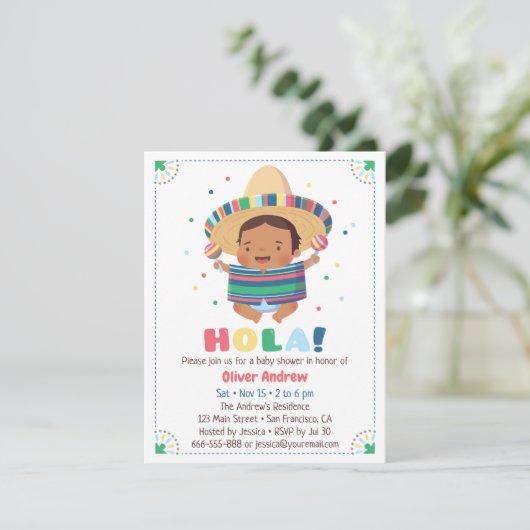 Holaのメキシコ男の子のフェスタのベビーシャワー 招待状 (スタンド正面)