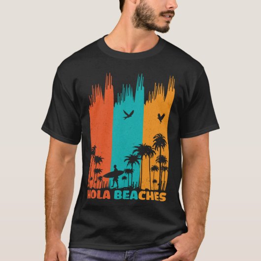 Hola Beaches Retro Surfing Summer Palm Tree Family Tシャツ (正面)
