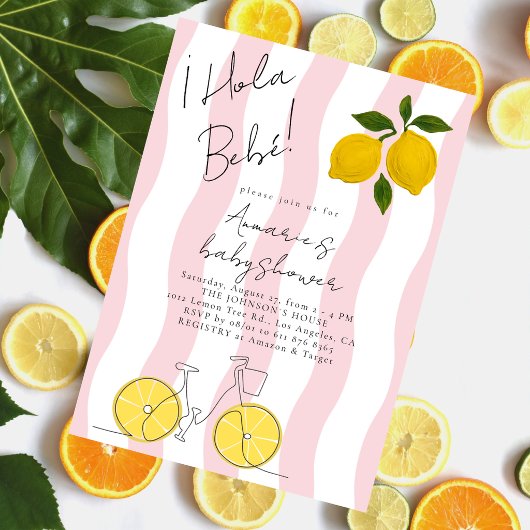 Hola Bebe Pink Stripes Lemons Girl Baby Shower 招待状