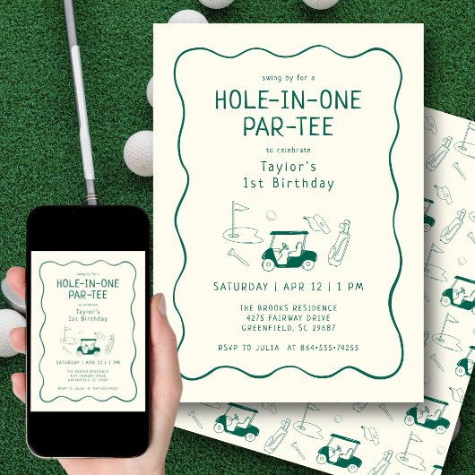 Hole In One 1st Birthday Par-tee Hand Drawn Green 招待状