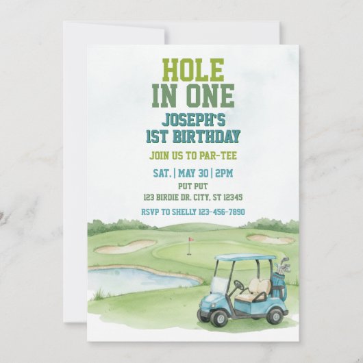 Hole In One, Blue Golf 1st Birthday 招待状 (正面)
