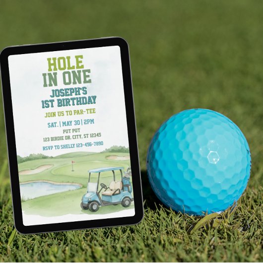 Hole In One, Blue Golf 1st Birthday 招待状