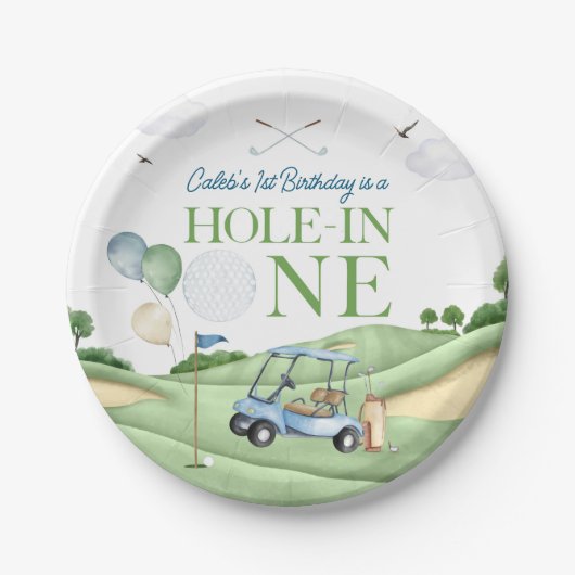 Hole In One Boy Golf First Birthday Par-Tee ペーパープレート (正面)