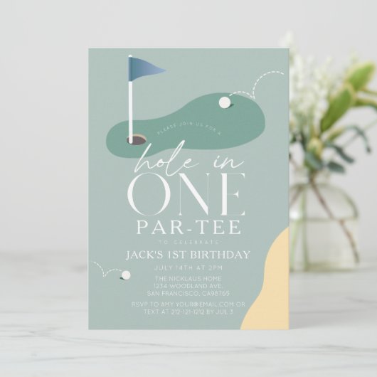 Hole in One Golf Fairway Par-Tee Boy 1st Birthday 招待状 (スタンド正面)