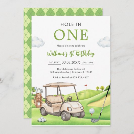 Hole In One Par-tee Golf Boy 1st Birthday Invitati 招待状 (正面/裏面)