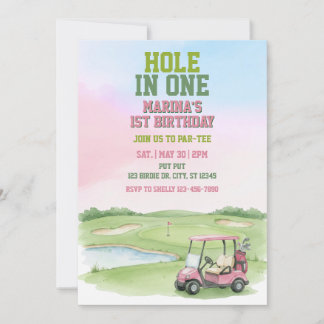 Hole In One, Pink Golf 1st Birthday 招待状