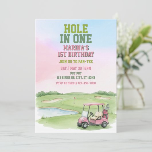 Hole In One, Pink Golf 1st Birthday 招待状 (スタンド正面)