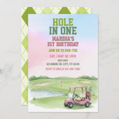 Hole In One, Pink Golf 1st Birthday 招待状 (正面/裏面)