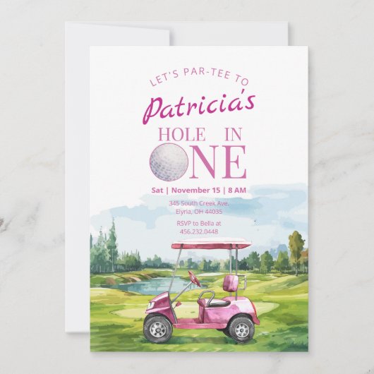 Hole In One Pink Golf 1st Birthday Invitation 招待状 (正面)
