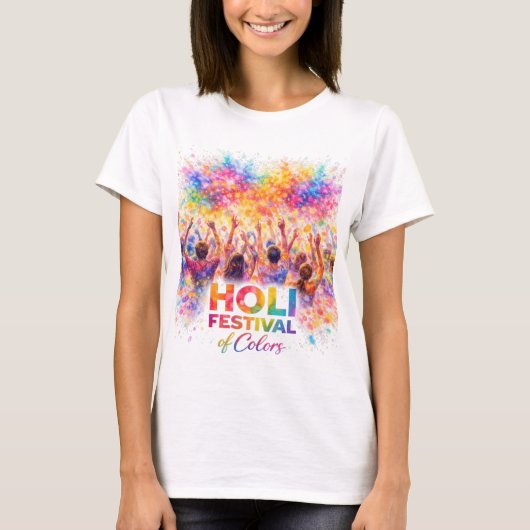 Holi Festival Crowd Celebration Watercolor Art Tシャツ (正面)