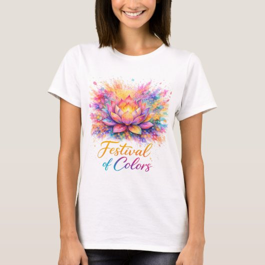 Holi Lotus Festival of Colors Watercolor Art Tシャツ (正面)