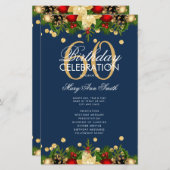 Holiday 60th Birthday Partyプログラム金ゴールドネイビーメニュー (正面/裏面)