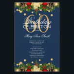 Holiday 60th Birthday Partyプログラム金ゴールドネイビーメニュー チラシ<br><div class="desc">クリスマスエレガントデコレーションとグリッター紙吹雪と金ゴールド文字付きの休日「バースデーパーティプログラム」のカスタムデザイン。</div>