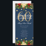 Holiday 60th Birthday Partyプログラム金ゴールドネイビーメニュー 招待状<br><div class="desc">クリスマスエレガントデコレーションとグリッター紙吹雪と金ゴールド文字付きの休日「バースデーパーティプログラム」のカスタムデザイン。</div>