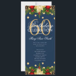 Holiday 60th Birthday Partyプログラム金ゴールドネイビーメニュー 招待状<br><div class="desc">クリスマスエレガントデコレーションとグリッター紙吹雪と金ゴールド文字付きの休日「バースデーパーティプログラム」のカスタムデザイン。</div>