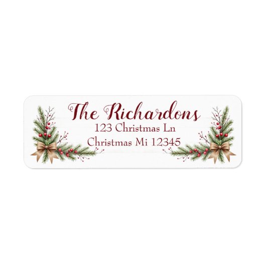 Holiday Address Label with Pine Branches and Bow ラベル (正面)
