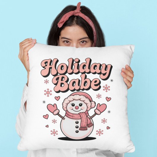 Holiday Babe Cute Pink Snowman クッション