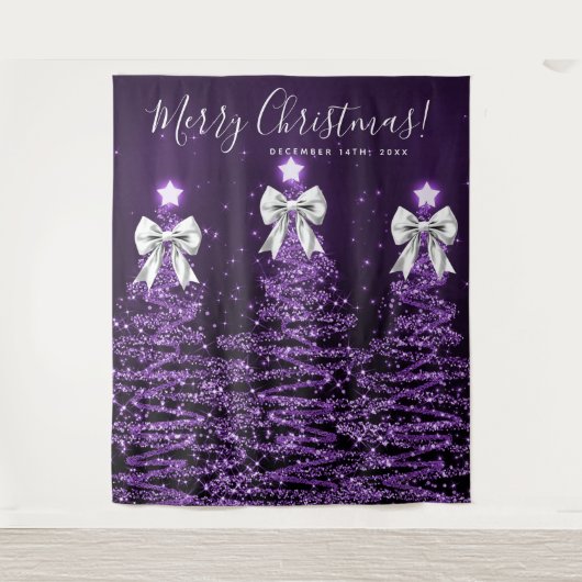 Holiday Backdrop Purple Christmas Trees Silver  タペストリー (正面)
