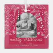 Holiday Baking Red Hand Drawn Christmas Photo ガラスオーナメント (正面)
