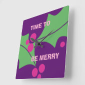 Holiday Be Merry Pink Purple Green Holly  スクエア壁時計 (傾斜)