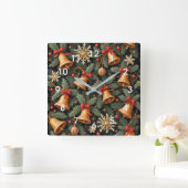 Holiday Bells, Decorative Christmas Pattern, スクエア壁時計 (ホーム)