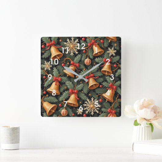 Holiday Bells, Decorative Christmas Pattern, スクエア壁時計 (ホーム)