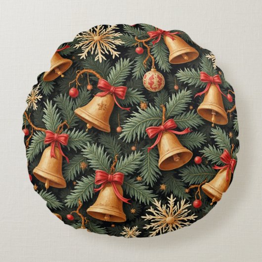 Holiday Bells, Decorative Christmas Pattern, ラウンドクッション (正面)