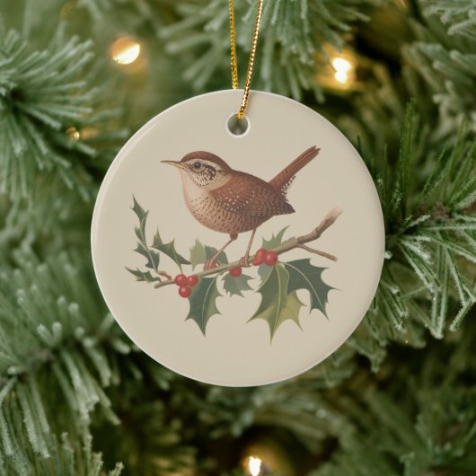Holiday Bird Wren on Holly Branch Christmas Nature セラミックオーナメント (ツリー)