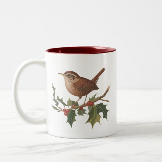Holiday Bird Wren on Holly Branch Christmas Nature ツートーンマグカップ (左)