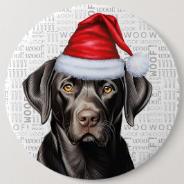 Holiday Black Lab Santa Dog on Woof Background 缶バッジ