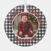 Holiday Black & White Plaid First Christmas Custom ガラスオーナメント (正面)
