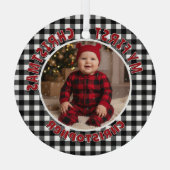 Holiday Black & White Plaid First Christmas Custom ガラスオーナメント (裏面)