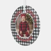 Holiday Black & White Plaid First Christmas Custom ガラスオーナメント (正面左)