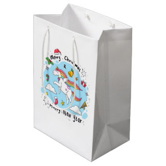 Holiday Blessings Unicorn Christmas Gift Bags ミディアムペーパーバッグ