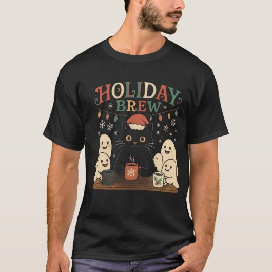 Holiday Brew - かわいい黒猫と幽霊のクリスマス  Tシャツ (正面)