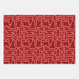 Holiday Candy Canes with Falling Snow on Red ラッピングペーパーシート