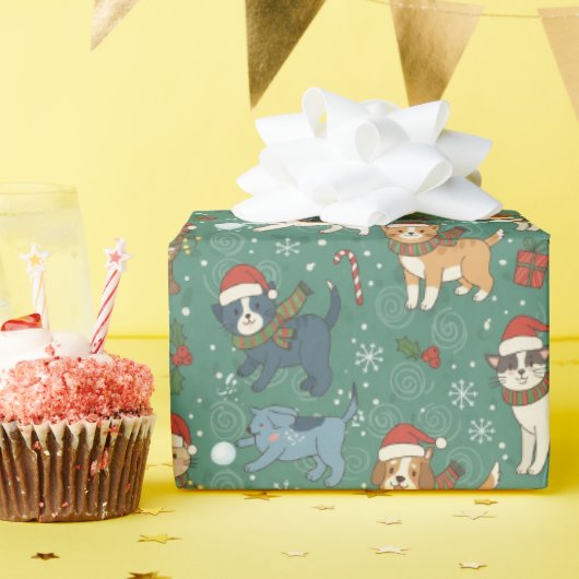 Holiday Cats & Dogs Christmas Wrapping Paper ラッピングペーパー (誕生日パーティー)