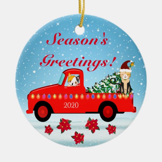 Holiday Cats get a Christmas Tree in a red Truck セラミックオーナメント (正面)
