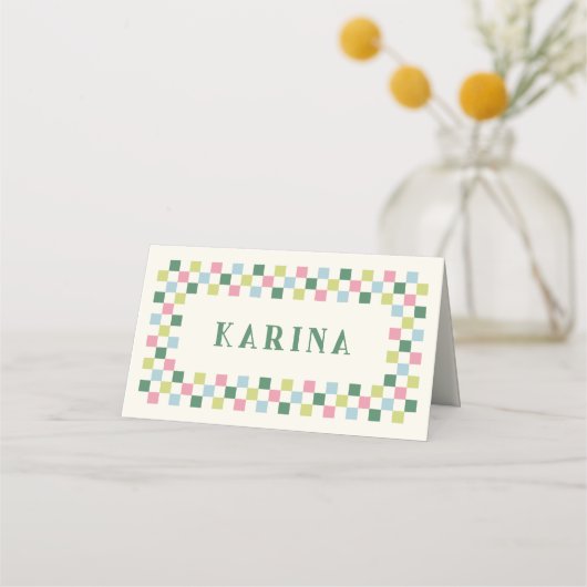 Holiday Checkerboard Christmas Place Card - Green プレイスカード (正面)