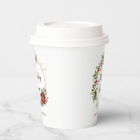 Holiday Cheer Poinsettia Wreath Gold Personalized 紙コップ (左)